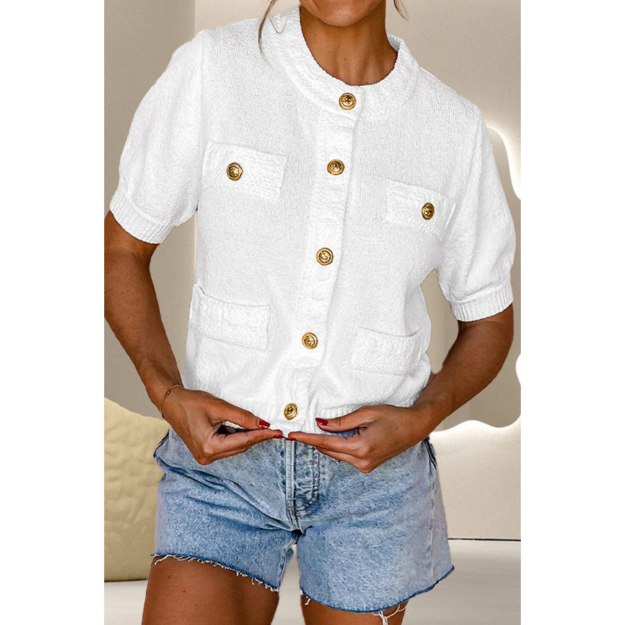 Button Up Round Neck Short Sleeve Knit Top White / S Apparel and Accessories