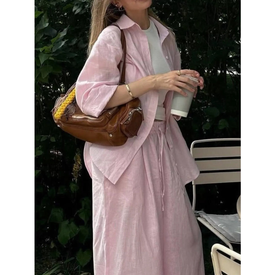 Button Up Shirt and Drawstring Pants Set Apparel and Accessories