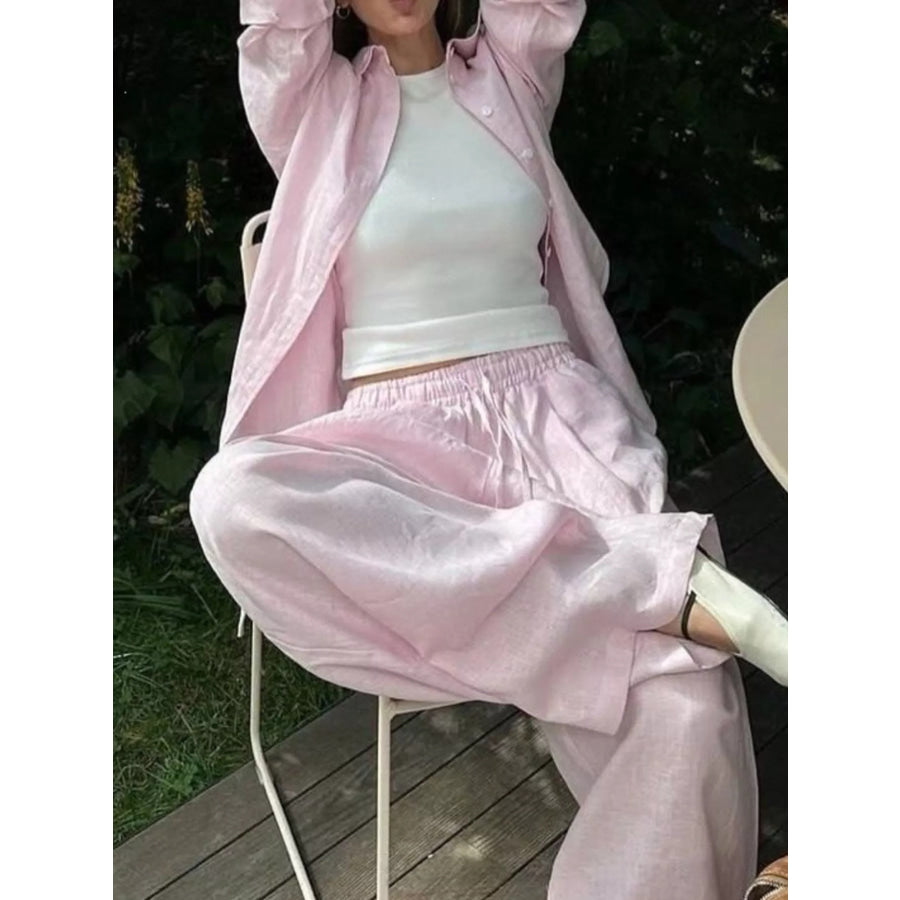 Button Up Shirt and Drawstring Pants Set Apparel and Accessories