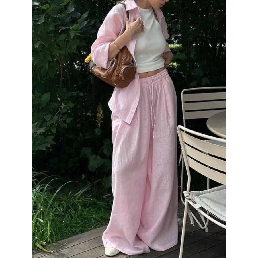 Button Up Shirt and Drawstring Pants Set Apparel and Accessories