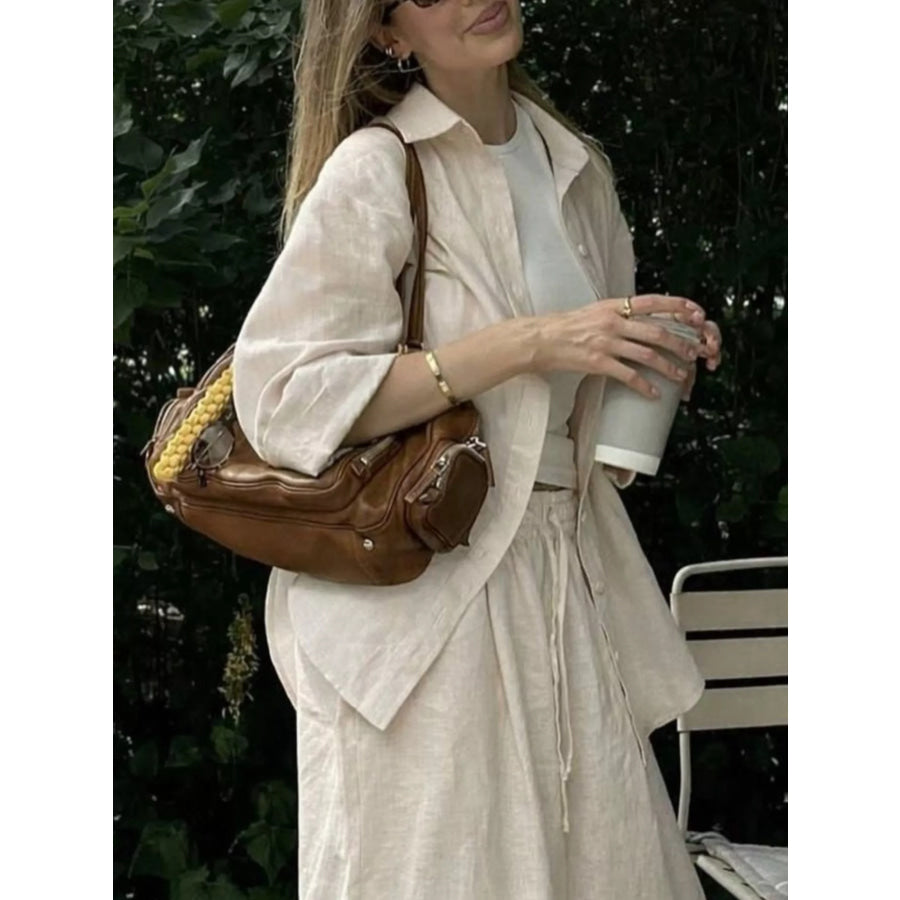 Button Up Shirt and Drawstring Pants Set Apparel and Accessories