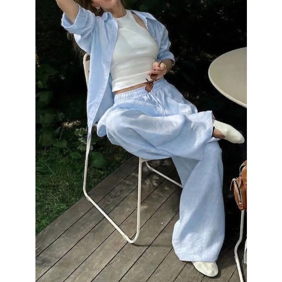 Button Up Shirt and Drawstring Pants Set Apparel and Accessories