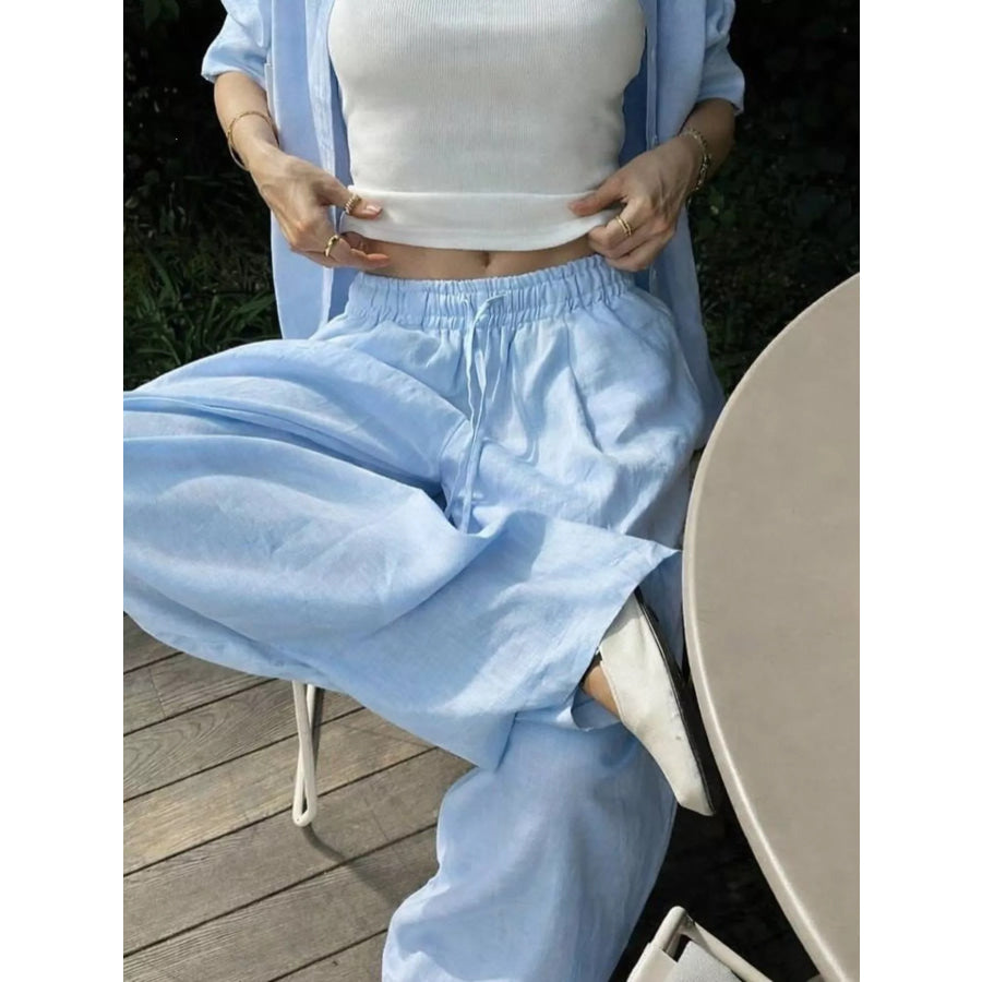 Button Up Shirt and Drawstring Pants Set Apparel and Accessories