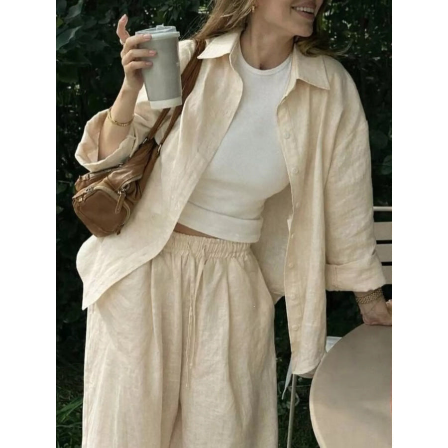 Button Up Shirt and Drawstring Pants Set Apricot / S Apparel and Accessories