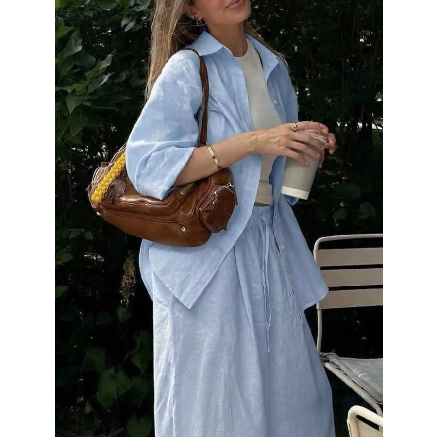 Button Up Shirt and Drawstring Pants Set Light Blue / S Apparel and Accessories