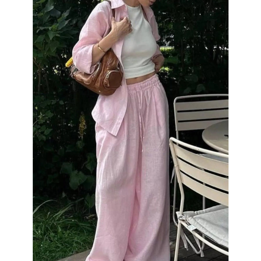 Button Up Shirt and Drawstring Pants Set Pink / S Apparel and Accessories
