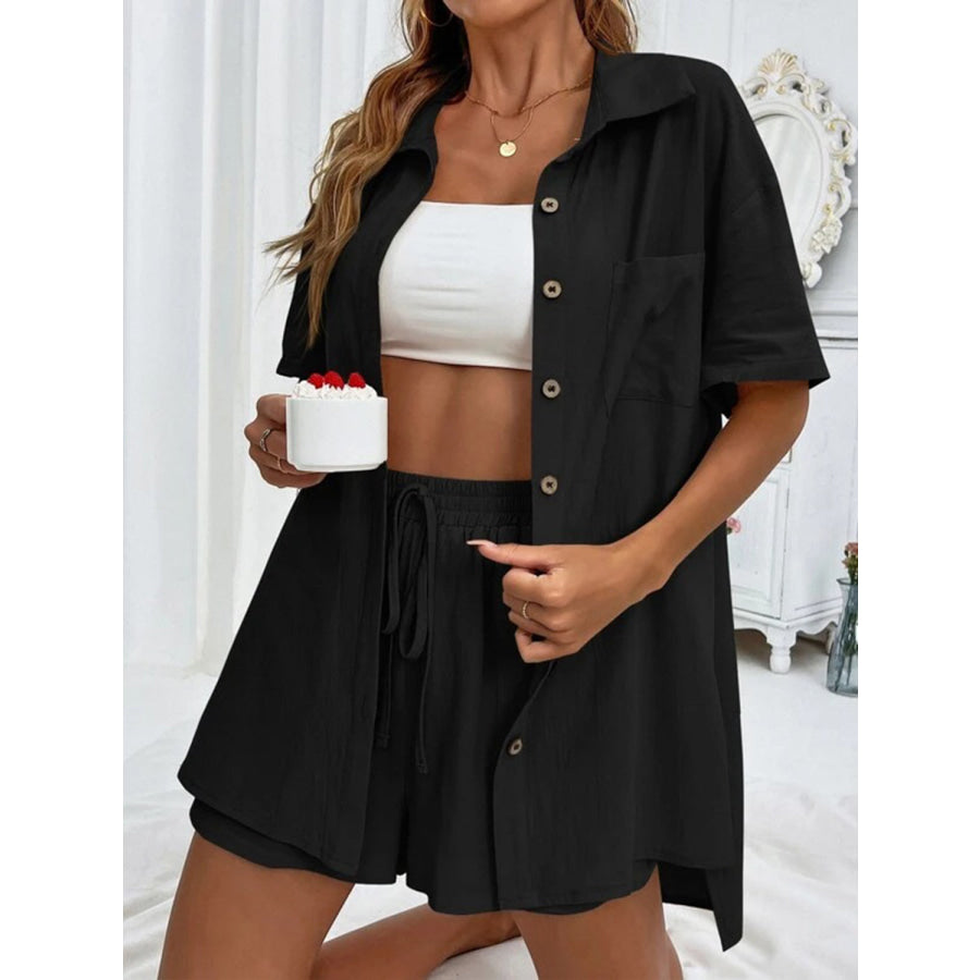 Button Up Shirt and Drawstring Shorts Set Apparel Accessories