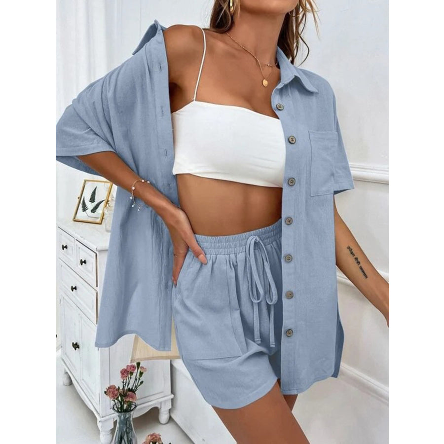 Button Up Shirt and Drawstring Shorts Set Apparel Accessories