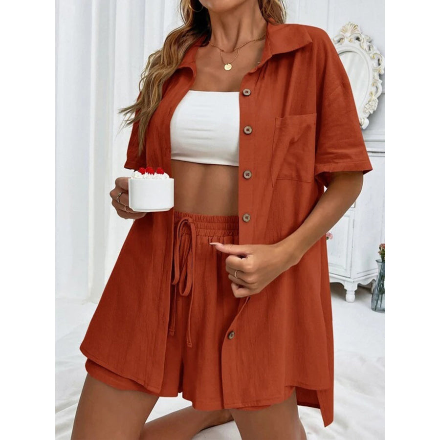 Button Up Shirt and Drawstring Shorts Set Apparel Accessories