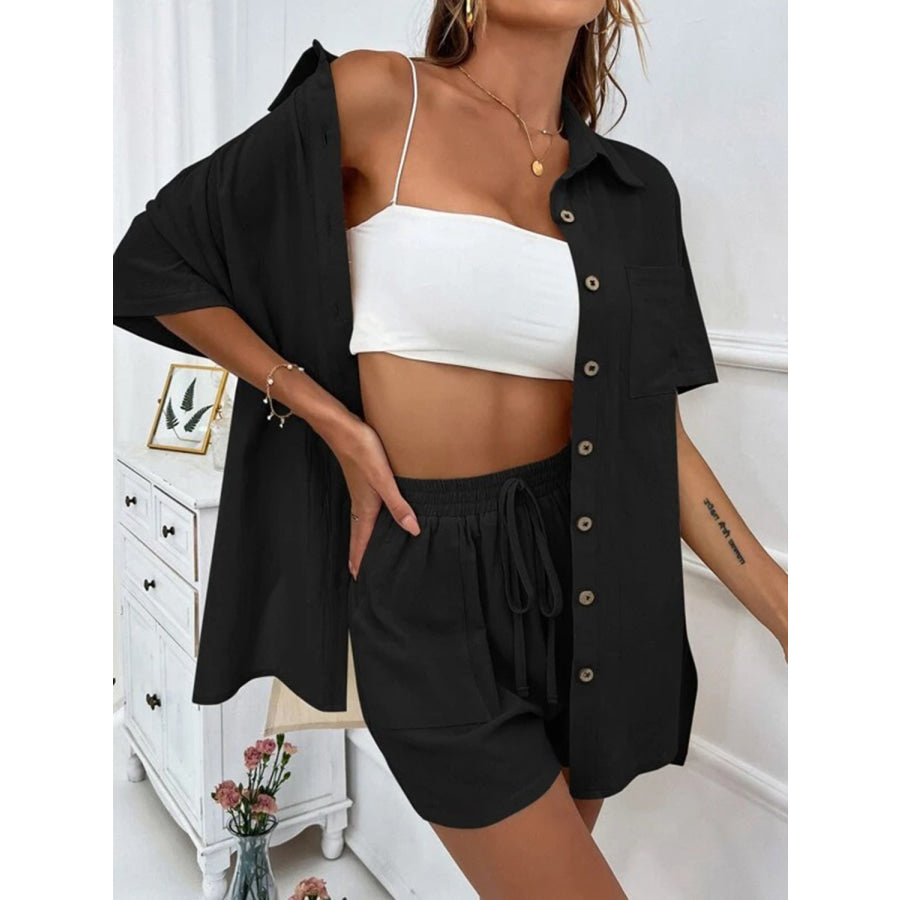 Button Up Shirt and Drawstring Shorts Set Black / S Apparel Accessories