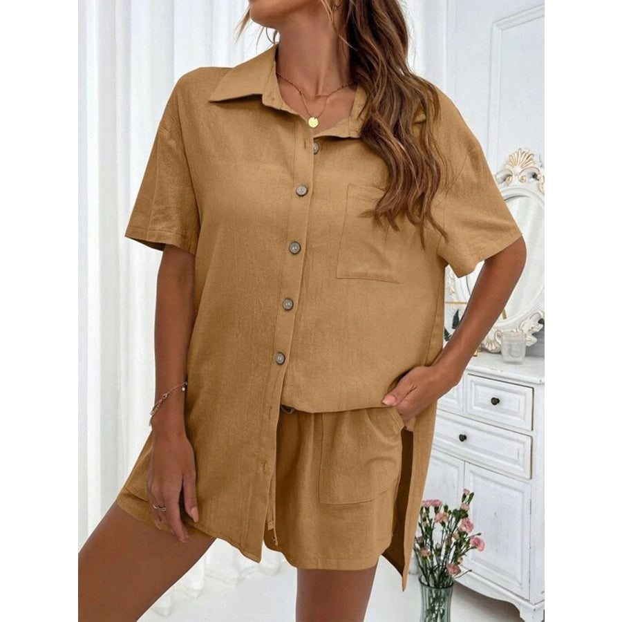 Button Up Shirt and Drawstring Shorts Set Camel / S Apparel Accessories