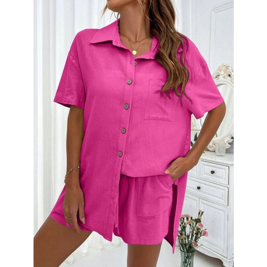 Button Up Shirt and Drawstring Shorts Set Hot Pink / S Apparel Accessories