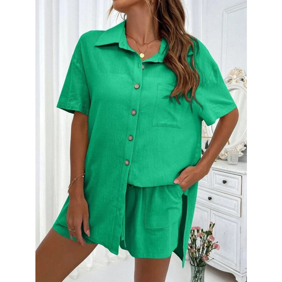 Button Up Shirt and Drawstring Shorts Set Mid Green / S Apparel Accessories