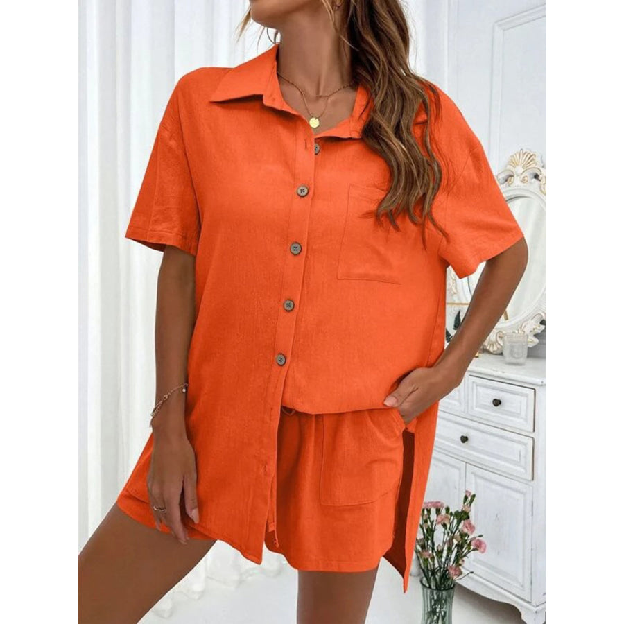 Button Up Shirt and Drawstring Shorts Set Orange / S Apparel Accessories