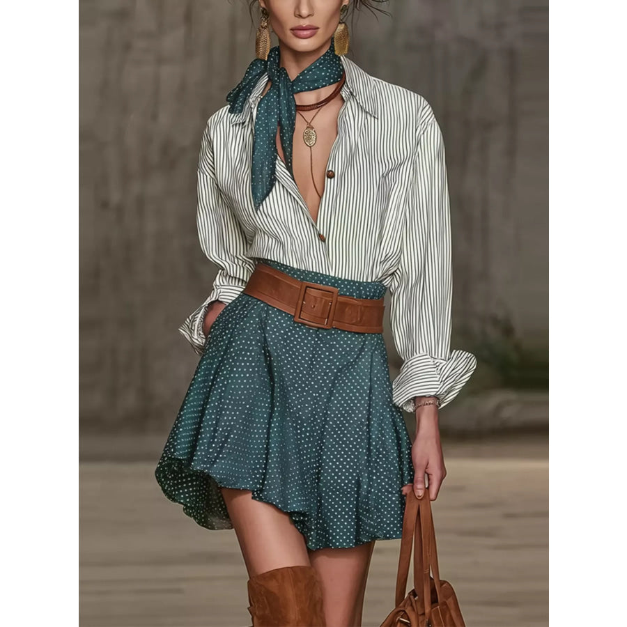 Button Up Shirt and Polka Dot Skirt Set Green / S Apparel and Accessories