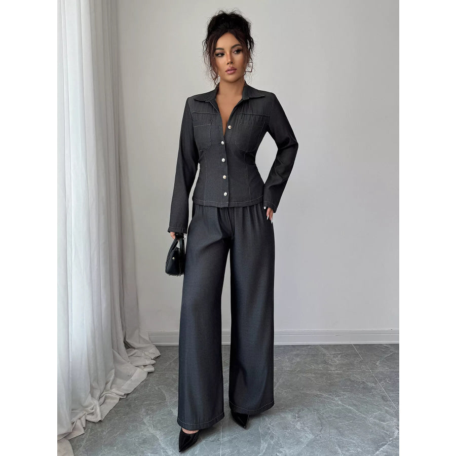 Button-Up Shirt & Wide Leg Pants Set Apparel and Accessories