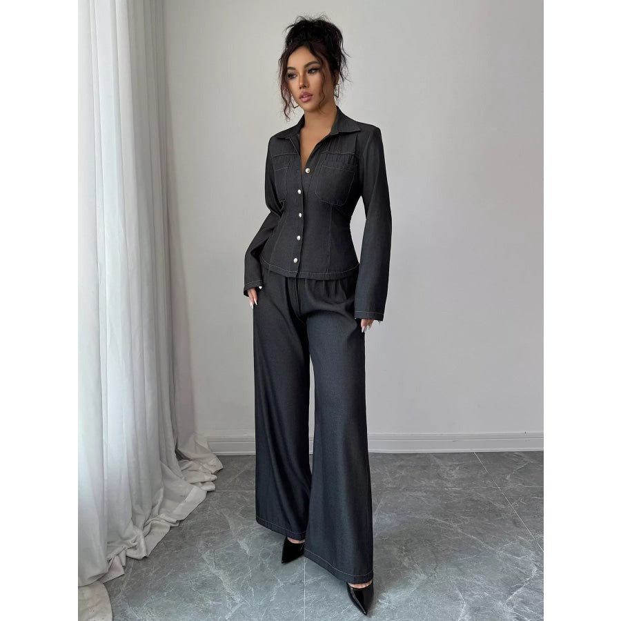 Button-Up Shirt & Wide Leg Pants Set Apparel and Accessories