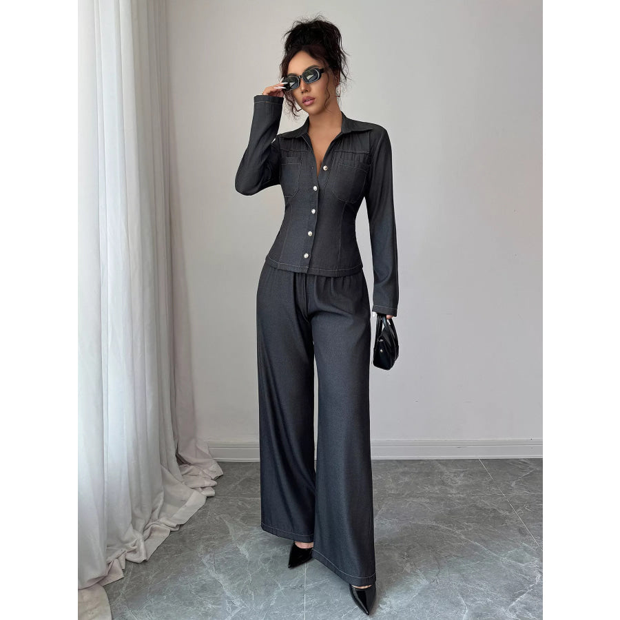 Button-Up Shirt & Wide Leg Pants Set Apparel and Accessories