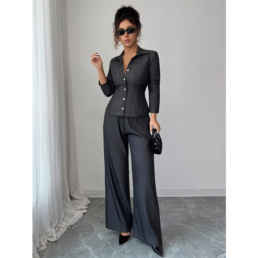 Button-Up Shirt & Wide Leg Pants Set Gray / S Apparel and Accessories