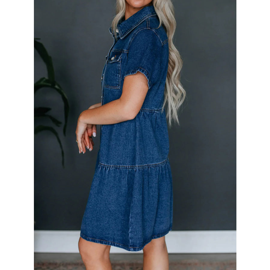 Button Up Short Sleeve Denim Dress Apparel and Accessories