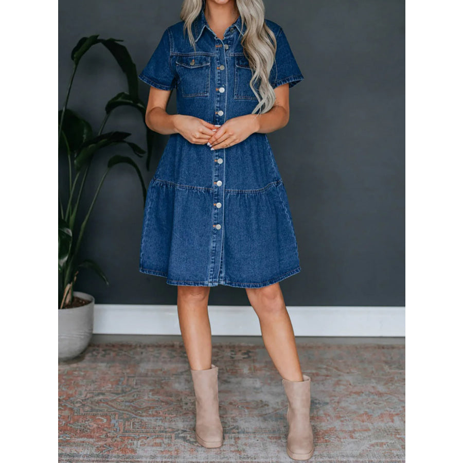 Button Up Short Sleeve Denim Dress Apparel and Accessories