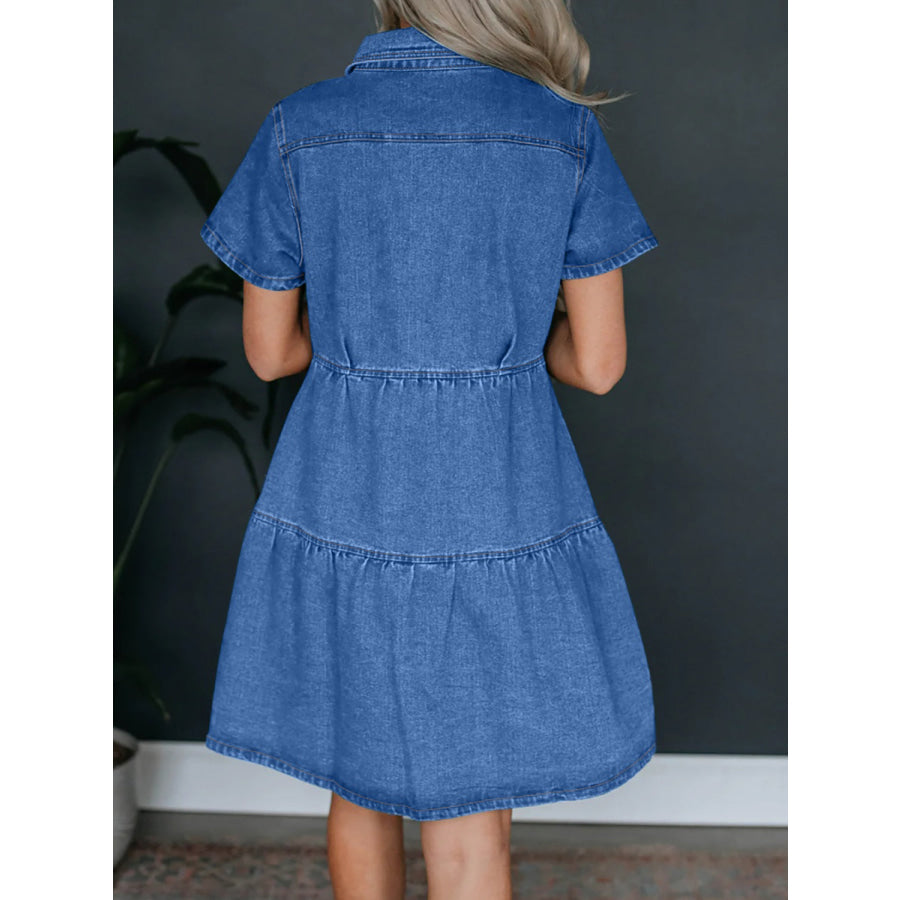 Button Up Short Sleeve Denim Dress Apparel and Accessories