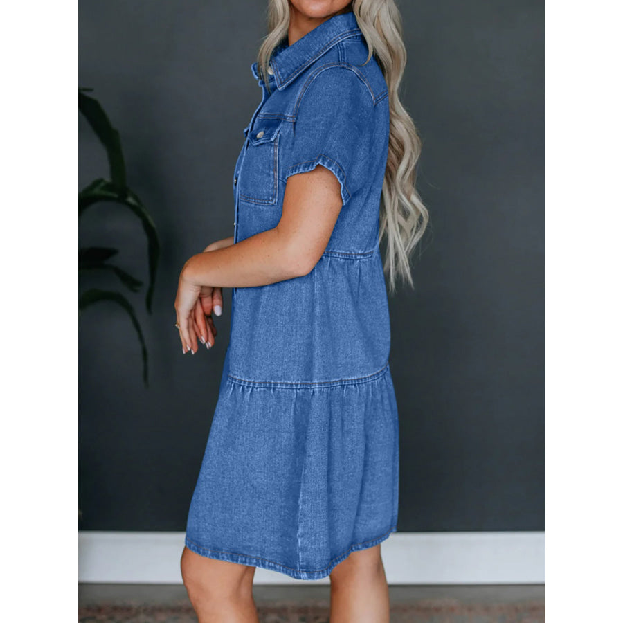 Button Up Short Sleeve Denim Dress Apparel and Accessories