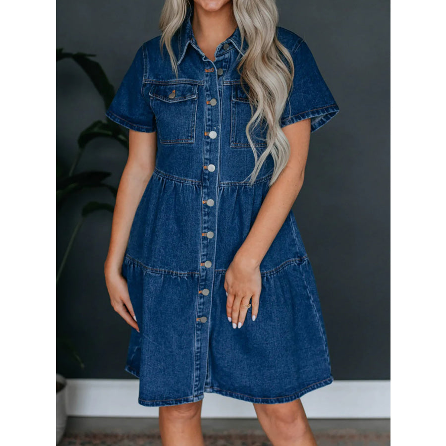 Button Up Short Sleeve Denim Dress Dark / S Apparel and Accessories