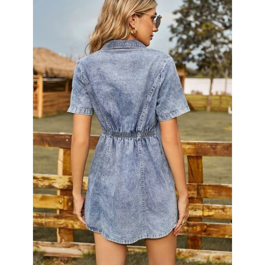 Button Up Short Sleeve Mini Denim Dress Apparel and Accessories