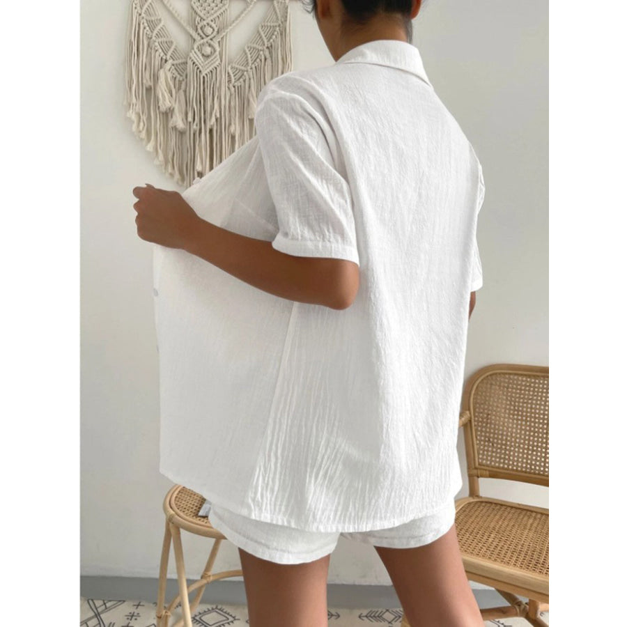 Button Up Short Sleeve Shirt and Drawstring Shorts Set White / S Apparel Accessories