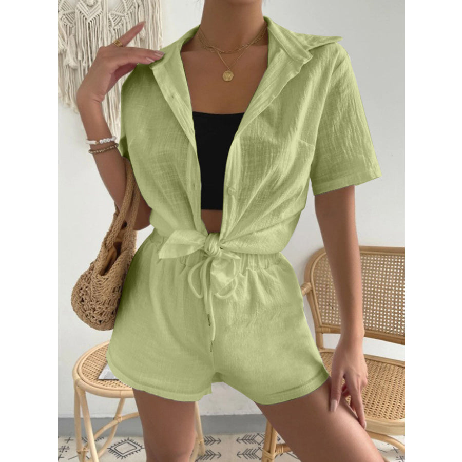 Button Up Short Sleeve Shirt and Drawstring Shorts Set Apparel Accessories