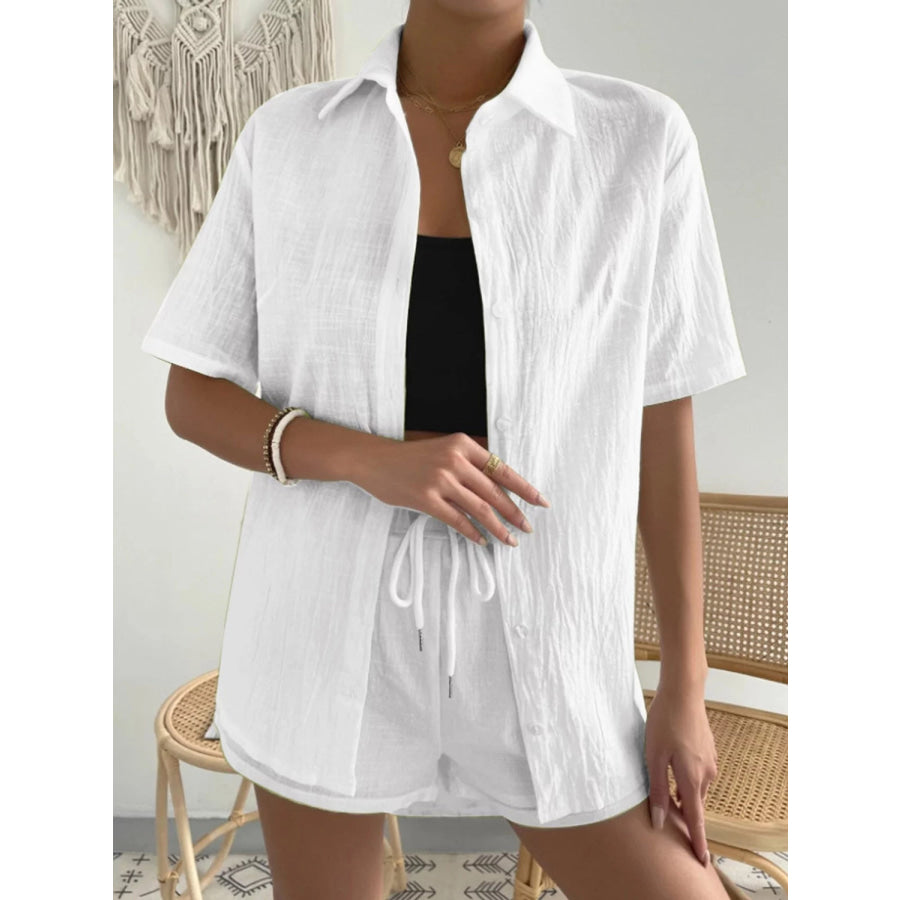 Button Up Short Sleeve Shirt and Drawstring Shorts Set Apparel Accessories