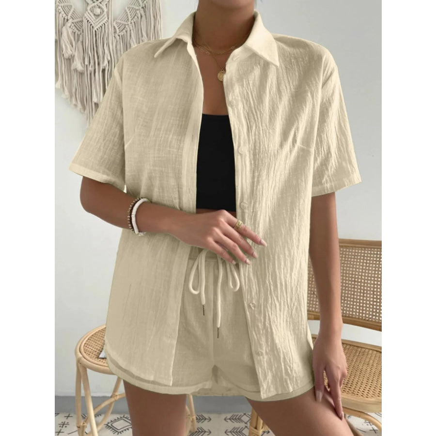 Button Up Short Sleeve Shirt and Drawstring Shorts Set Cream / S Apparel Accessories