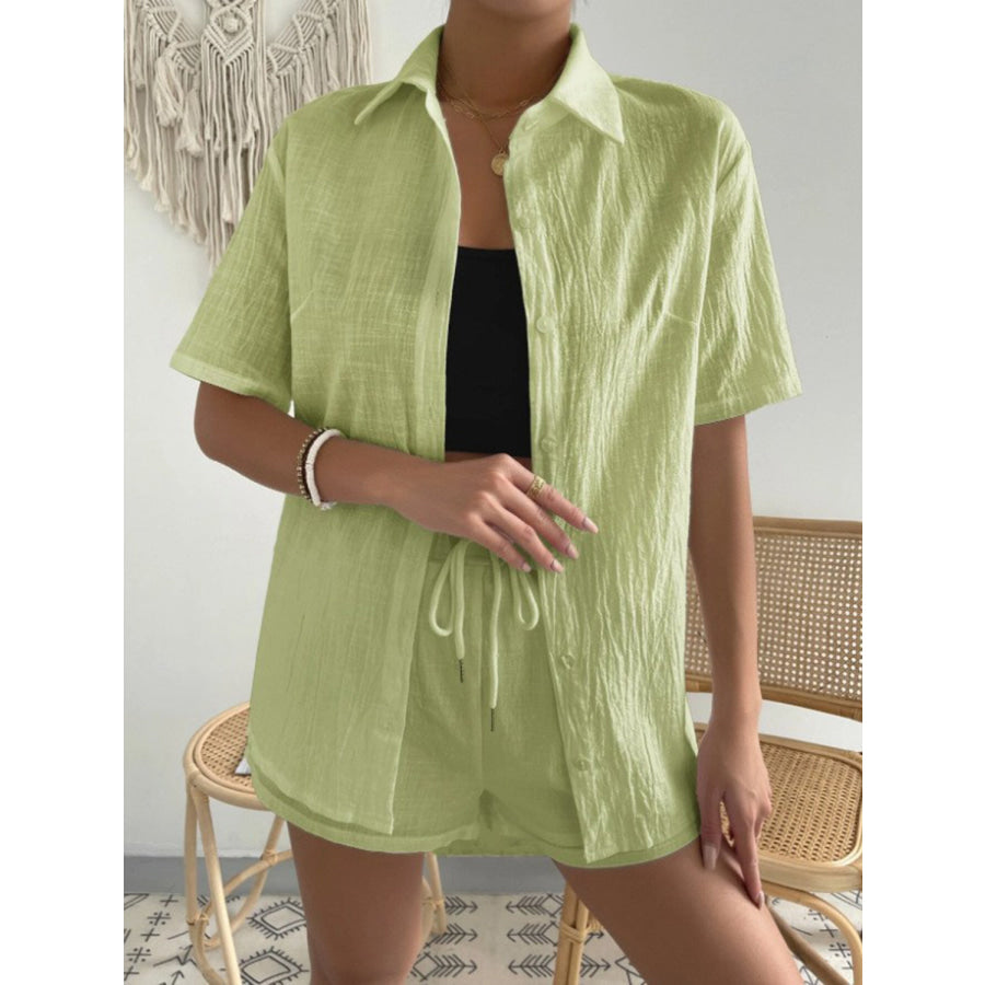 Button Up Short Sleeve Shirt and Drawstring Shorts Set Light Green / S Apparel Accessories