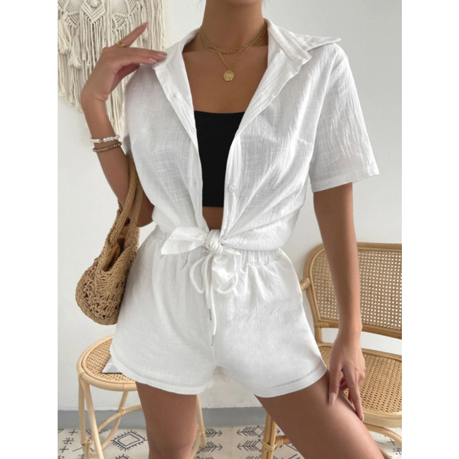 Button Up Short Sleeve Shirt and Drawstring Shorts Set White / S Apparel Accessories