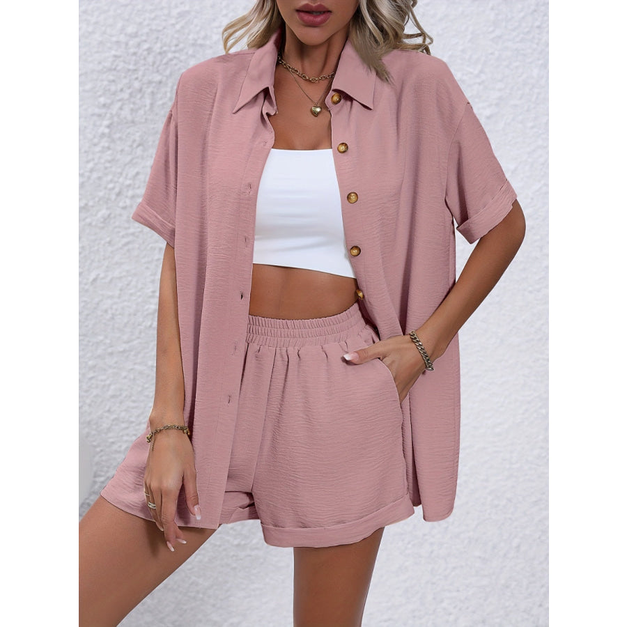 Button Up Short Sleeve Shirt and Shorts Set Light Mauve / S Apparel Accessories