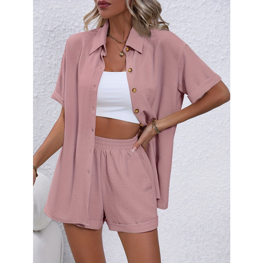 Button Up Short Sleeve Shirt and Shorts Set Light Mauve / S Apparel Accessories