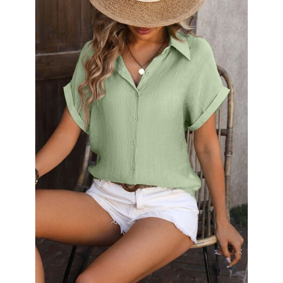 Button Up Short Sleeve Shirt Light Green / S Apparel and Accessories