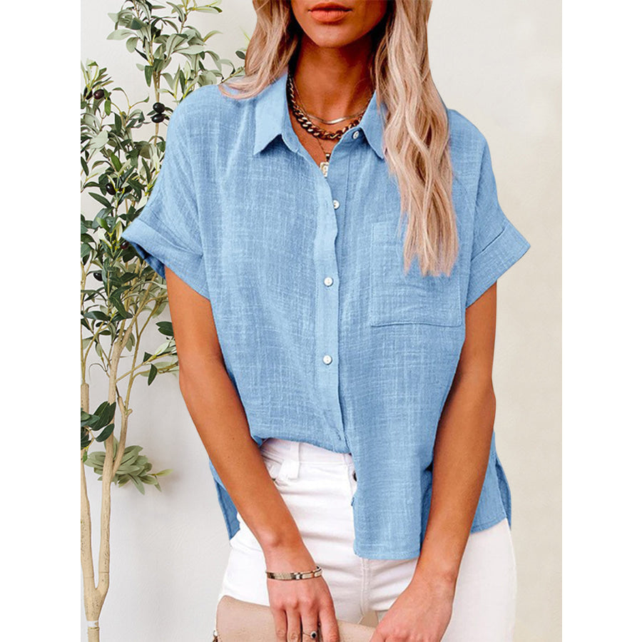 Button Up Short Sleeve Shirt Misty Blue / S Apparel and Accessories