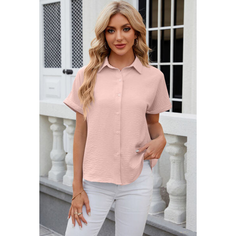 Button Up Short Sleeve Shirt Peach / S Apparel and Accessories