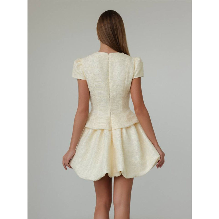 Button Up Short Sleeve Top and Bubble Hem Skirt Set Cream / S Apparel and Accessories