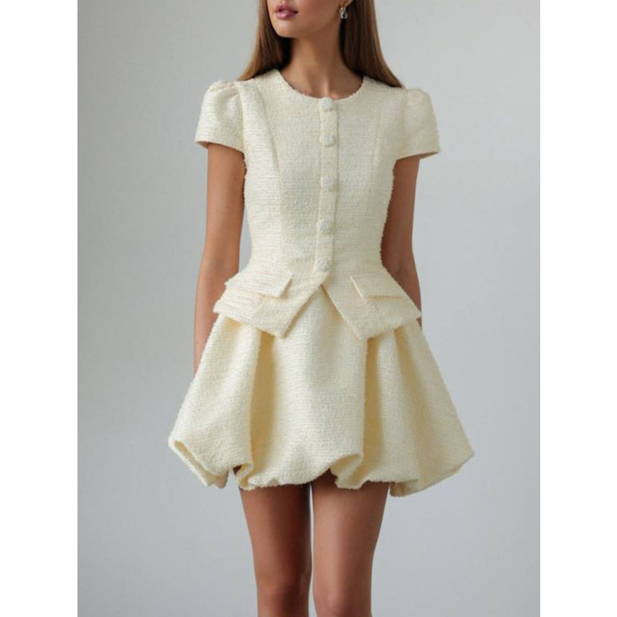 Button Up Short Sleeve Top and Bubble Hem Skirt Set Cream / S Apparel and Accessories