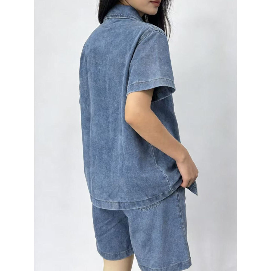 Button Up Short Sleeve Top and Shorts Denim Set Apparel and Accessories