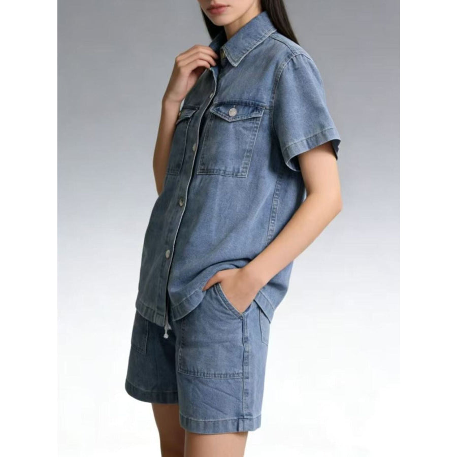 Button Up Short Sleeve Top and Shorts Denim Set Apparel and Accessories