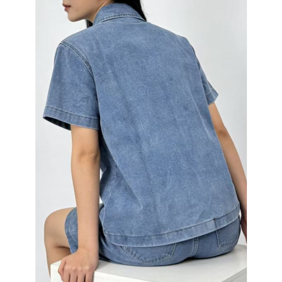Button Up Short Sleeve Top and Shorts Denim Set Apparel and Accessories