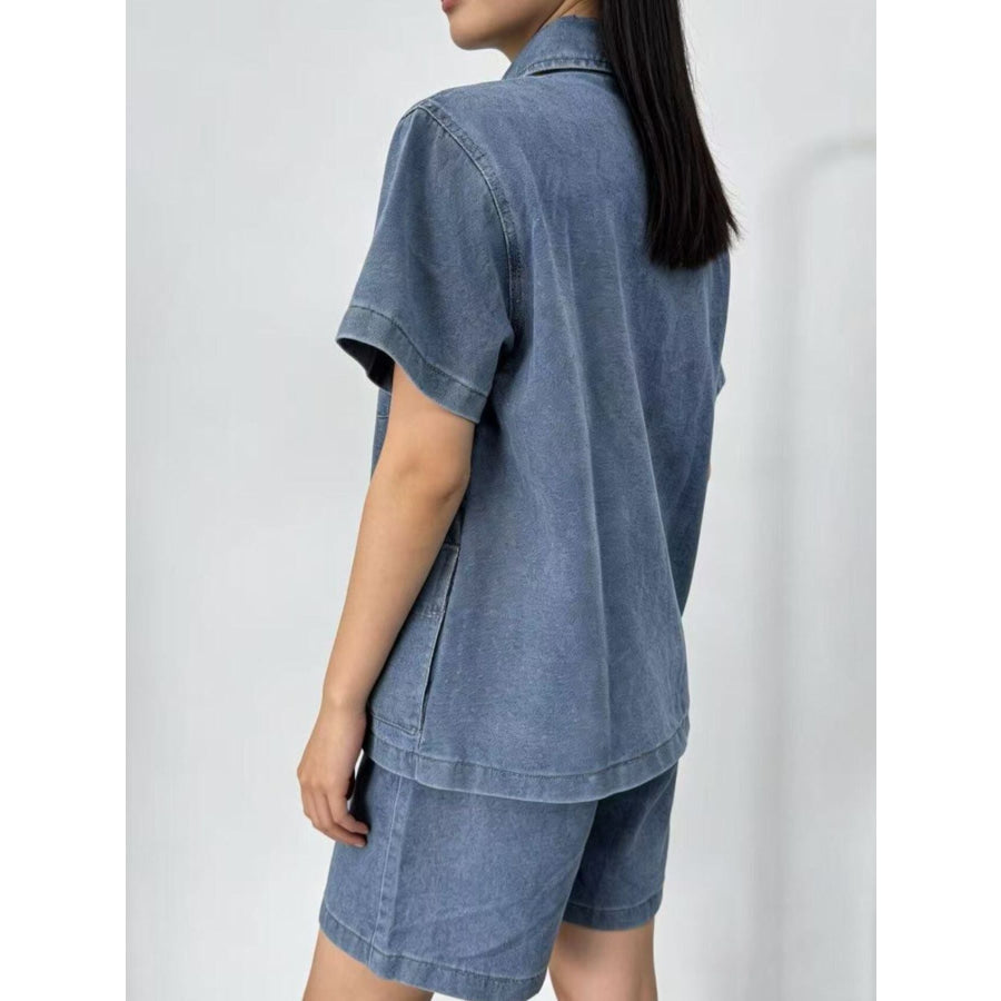 Button Up Short Sleeve Top and Shorts Denim Set Apparel and Accessories