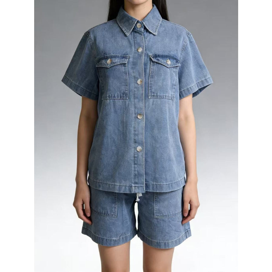 Button Up Short Sleeve Top and Shorts Denim Set Apparel and Accessories
