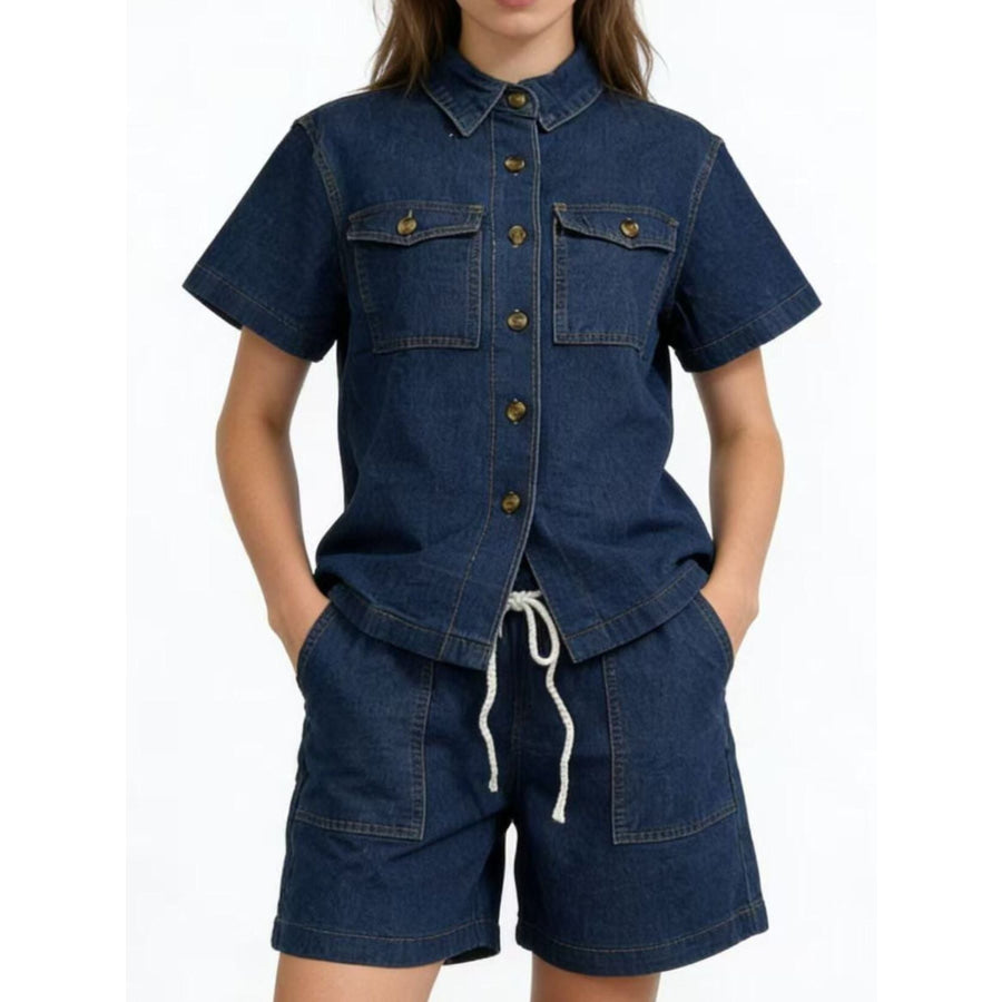 Button Up Short Sleeve Top and Shorts Denim Set Apparel and Accessories