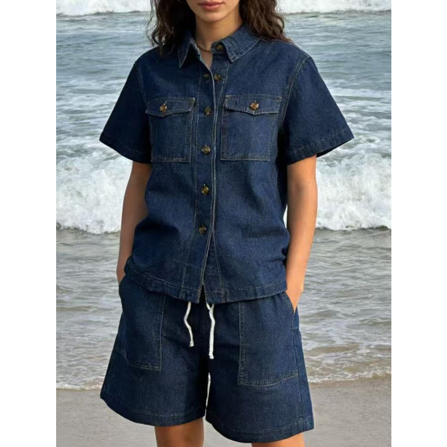 Button Up Short Sleeve Top and Shorts Denim Set Dark Blue / S Apparel and Accessories