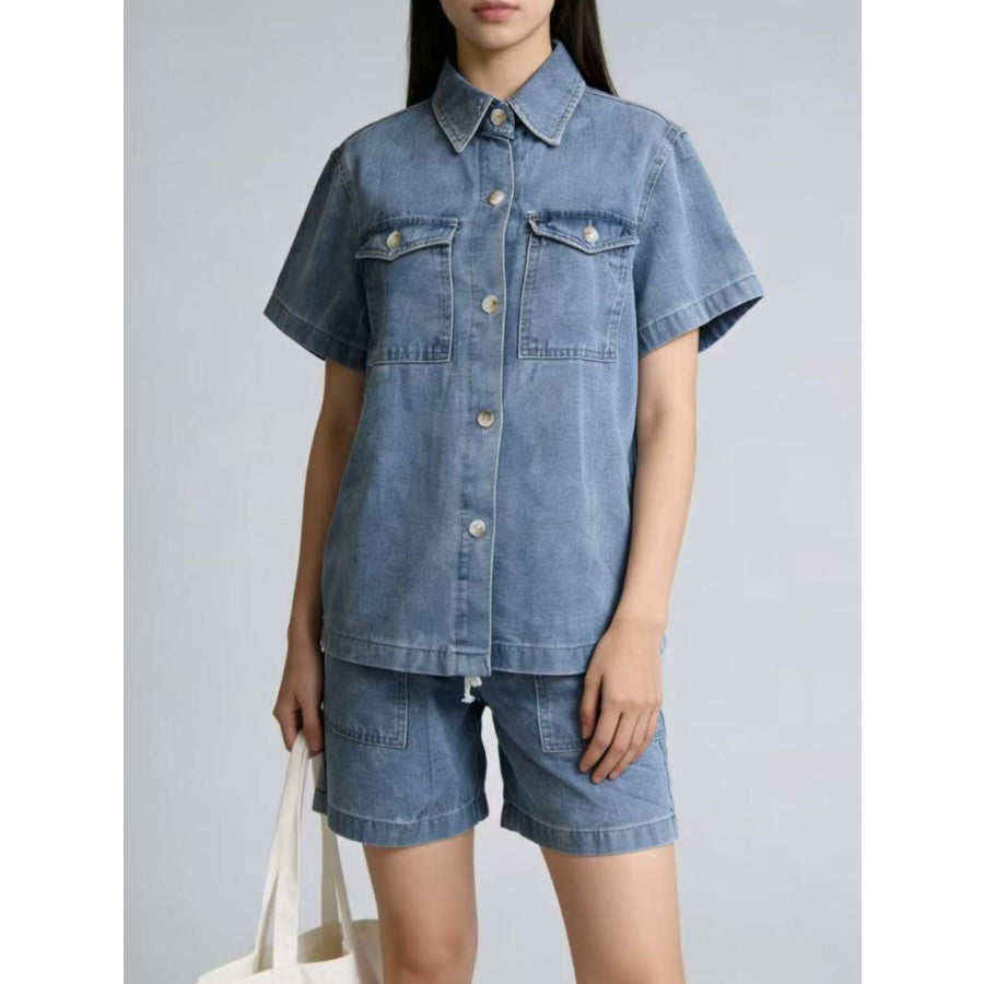 Button Up Short Sleeve Top and Shorts Denim Set Sky Blue / S Apparel and Accessories